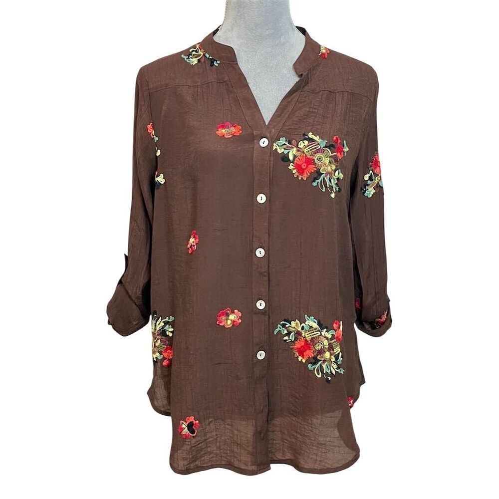 Figueroa & Flower Women's Embroidered Floral Shirt Top Brown S Fall Autumn